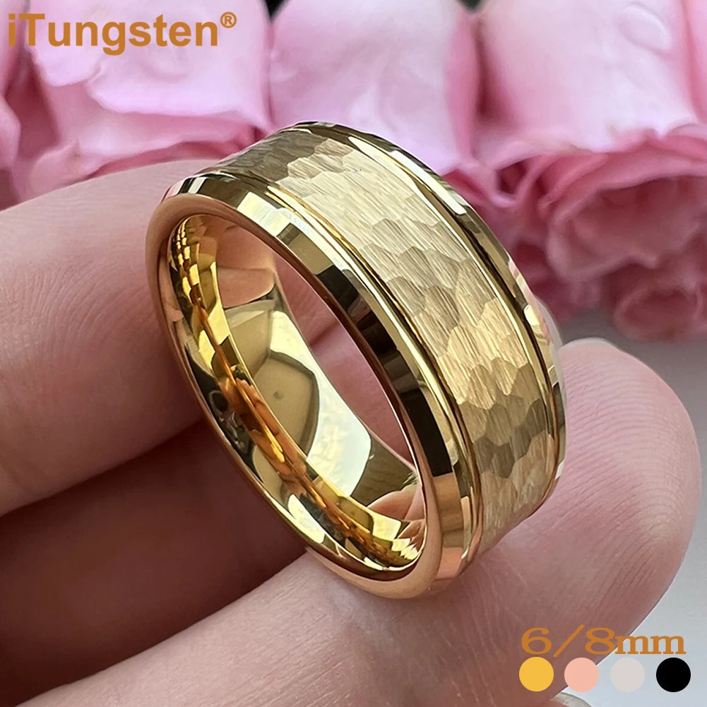 iTungsten 8mm Hammered Tungsten Carbide Ring Men Women Engagement Wedding Band Trendy Jewelry Beveled Edges Comfort Fit 241202