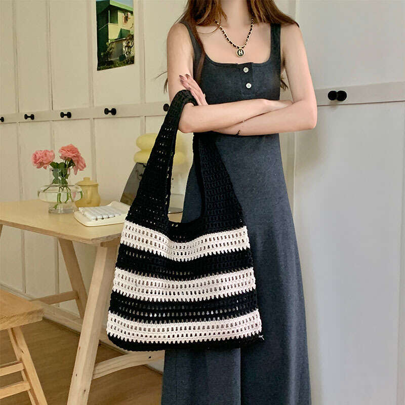 Ladies' Woven With Niche Design, Striped Knitted Bag, Simple Hollow Out Hand-Held Shoulder Bag B1