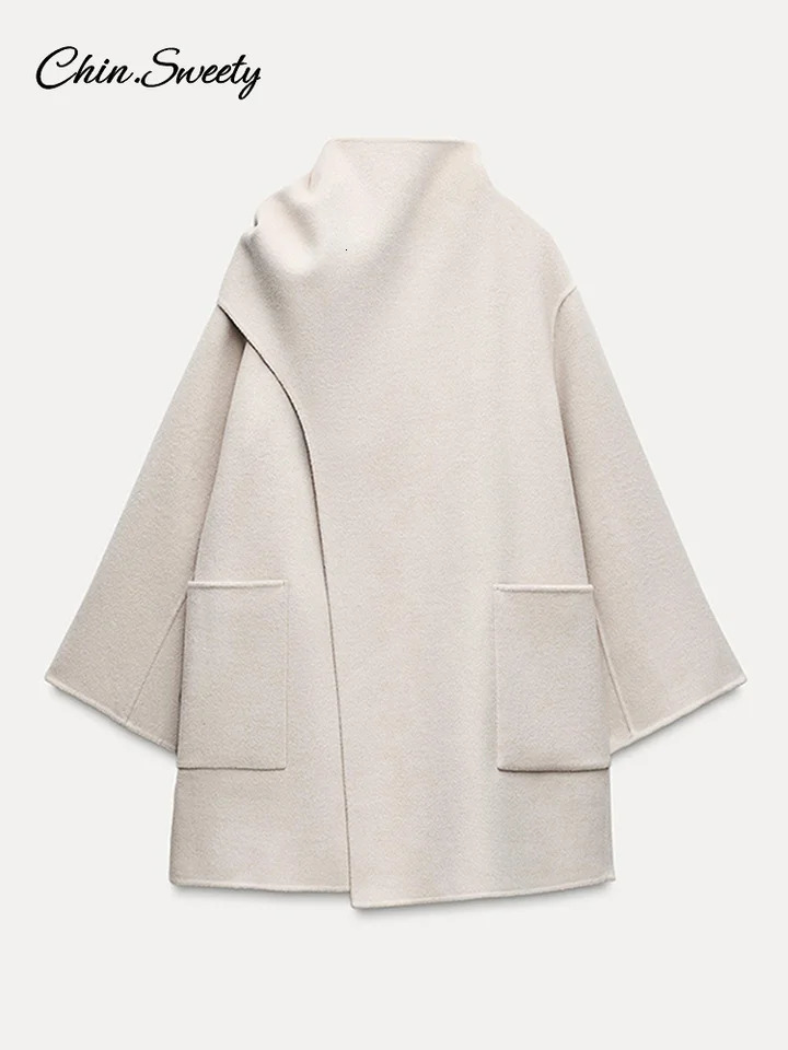 Winter Woolen Womens Scarf Collar Coat Solid Pockets Long Sleeve Loose Midi Overcoats 2024 Autumn Lady Fashion Outwear 241121