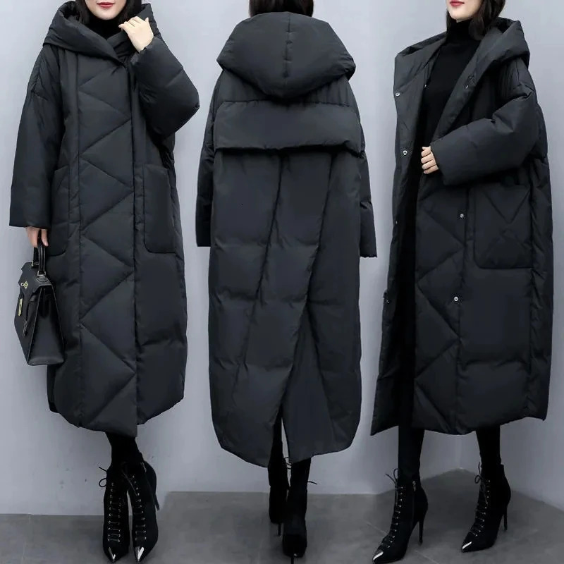 Winter Puffer Jacket Korean Loose Thick Warm Black Hooded Coat Women Down Cotton Parkas Women Long Overcoat Parka Outerwear 241202