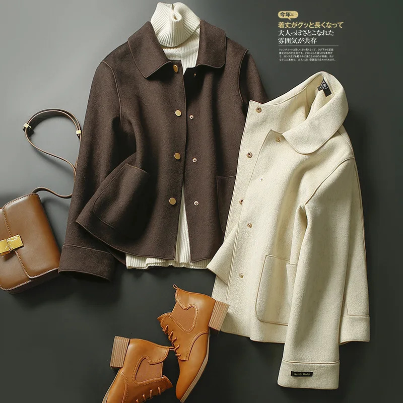 100 Wool Doublesided Tweed Coat Womens Short Women Autumn and Winter Vintage Brown 241121