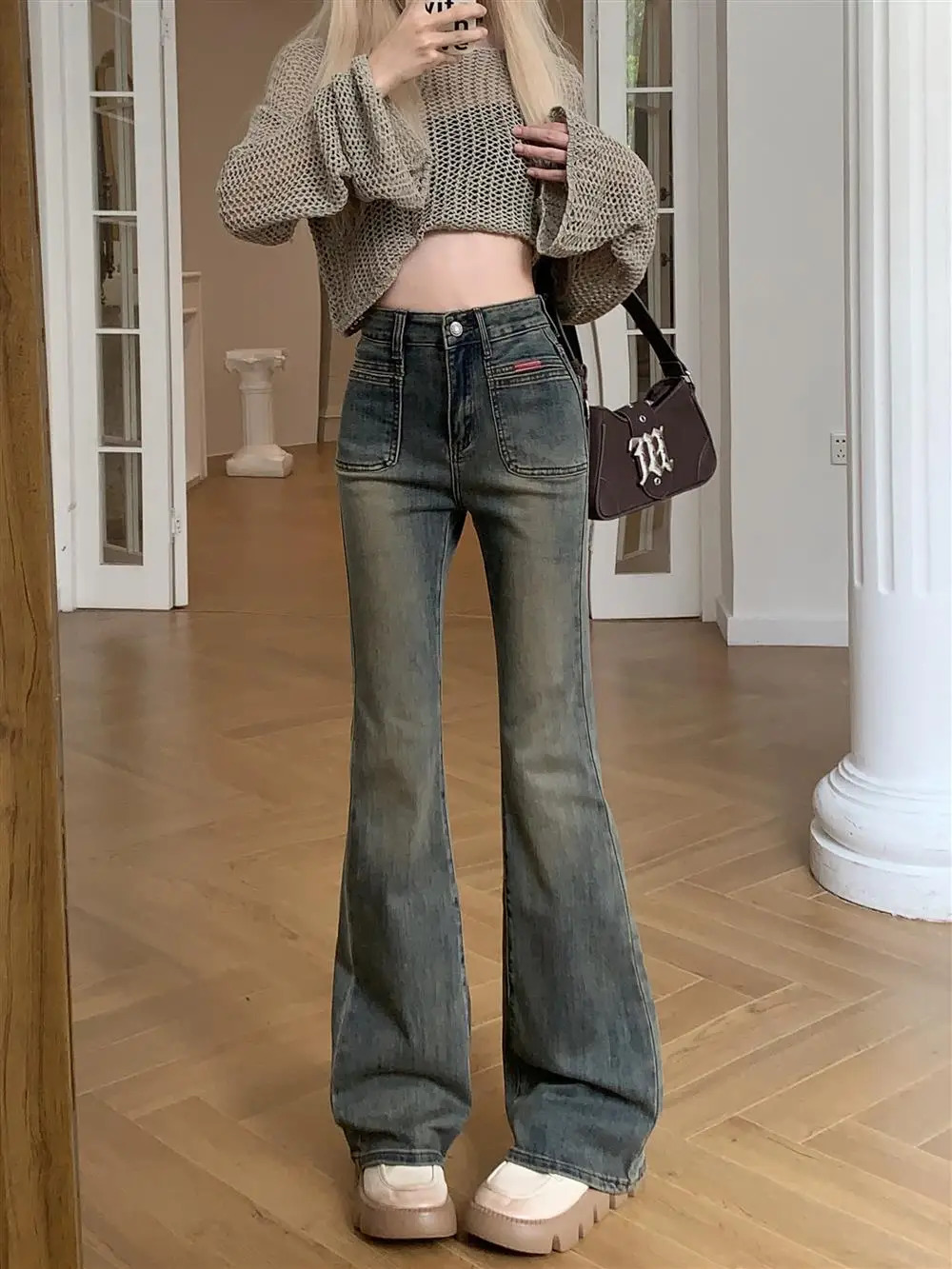 150 Petite girls wash made old micro flared jeans High waisted straight leg n version horseshoe pants xs show height 241121