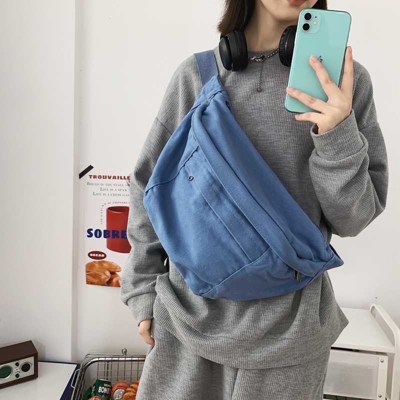 2024 new Korean version Instagram style solid color simple chest bag for men and women crossbody bag casual versatile canvas bag 241202