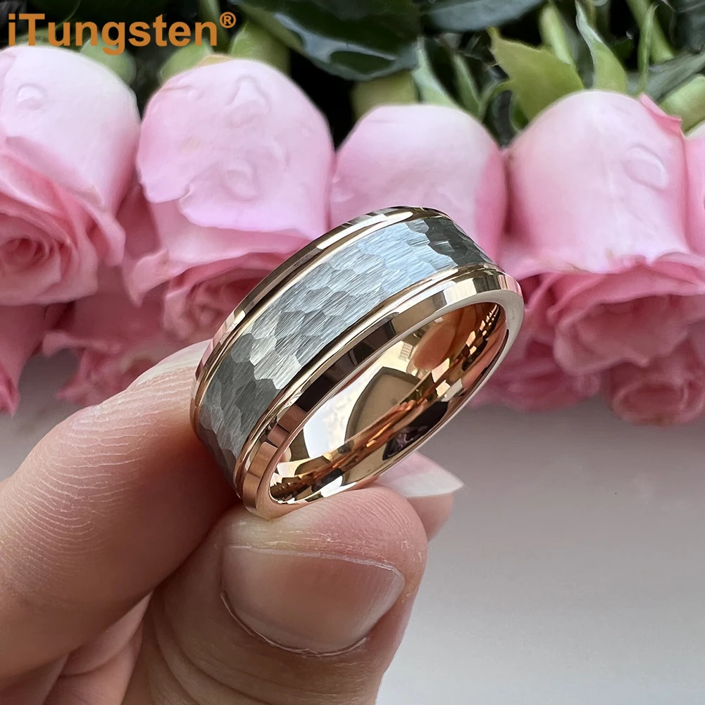 iTungsten 8mm Hammered Tungsten Carbide Ring Men Women Engagement Wedding Band Trendy Jewelry Beveled Edges Comfort Fit 241202