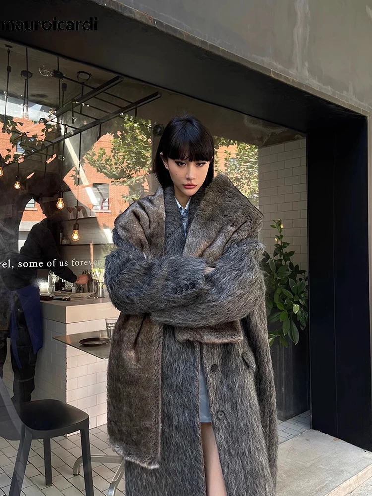 Mauroicardi Autumn Winter Oversized Long Warm Thick Gray Wool Blends Coat Women Loose Casual Fluffy Korean Fashion 2024 241121