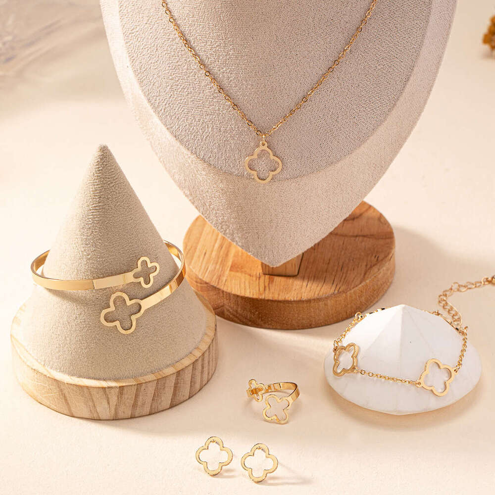 Fashion Lucky Clover Necklace Earrings - Chain Bracelet and Ring Set
