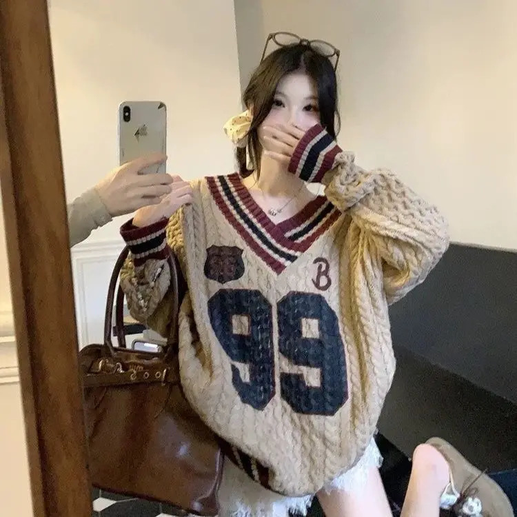 Vintage Twisted Stripe V-neck Strap Sweater Womens Autumn Loose Lazy Style Contrastive Color Top Womens Clothing y2k Top 241202