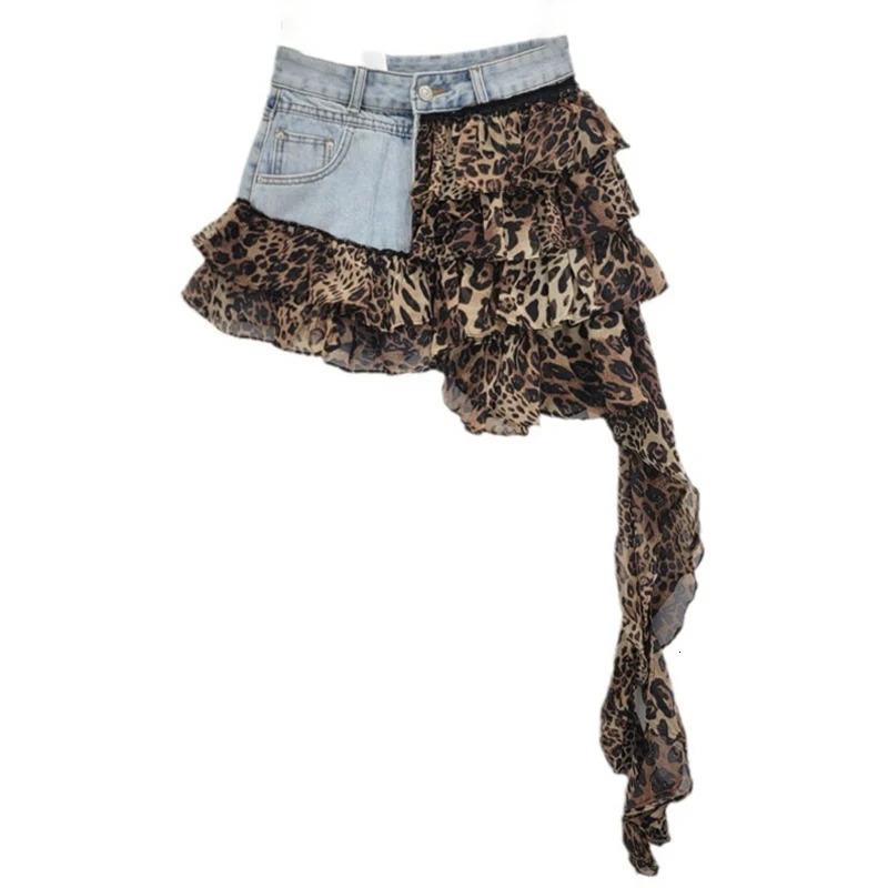 DEAT denim patchwork womens irregular sprint 2024 summer chiffon mini sprint womens trend 33A1587 241202