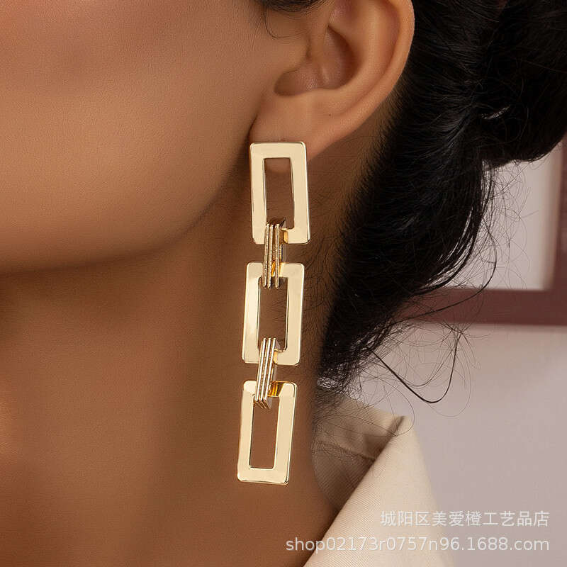 Rectangular Collar Long Style Japanese and Korean Simple Fashion Personality Trendy Face Show Thin Earrings