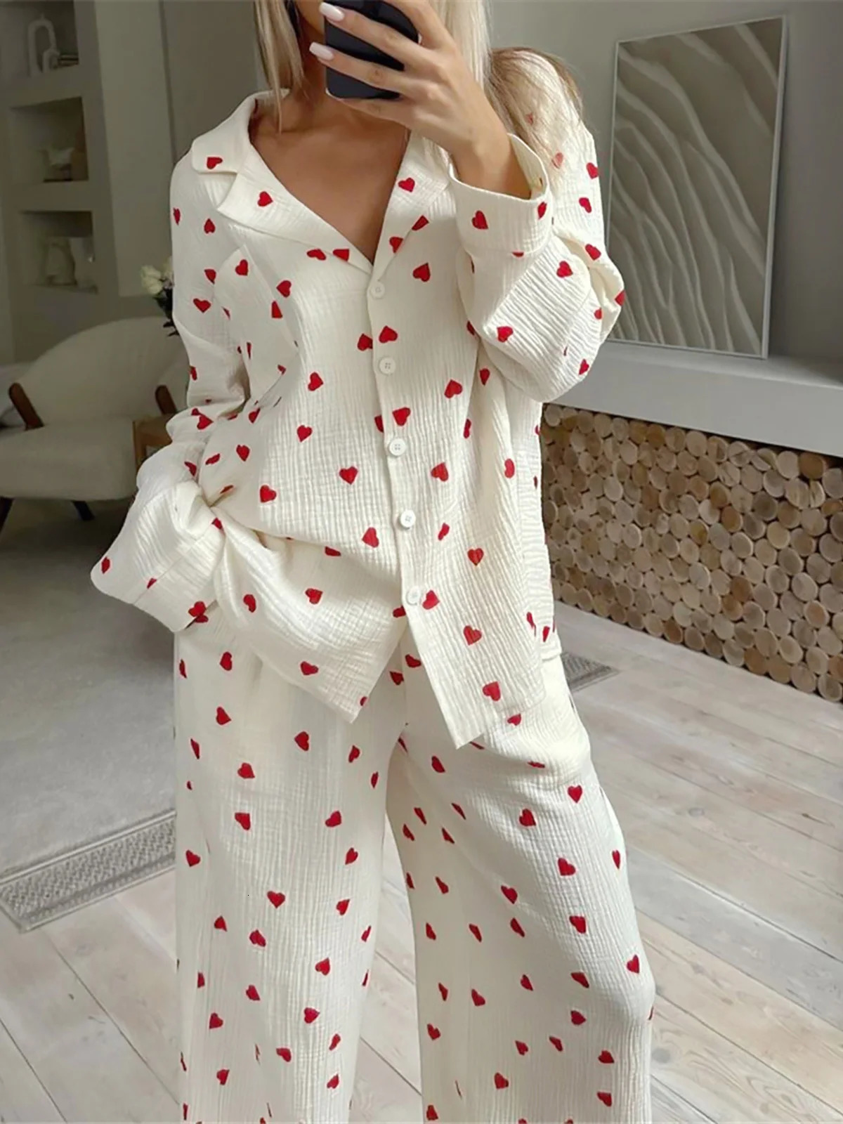 Love Print Womens Cotton Pajama Single Chest Pocket Womens Pajama Collar Long Sleeve Womens Clothing D323 241130