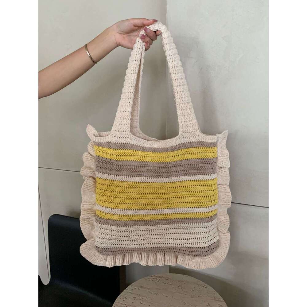 New Retro Knitted Hand Woven Tote Woolen Women's Hand-Held Shoulder Bag, Shopping Bag B2