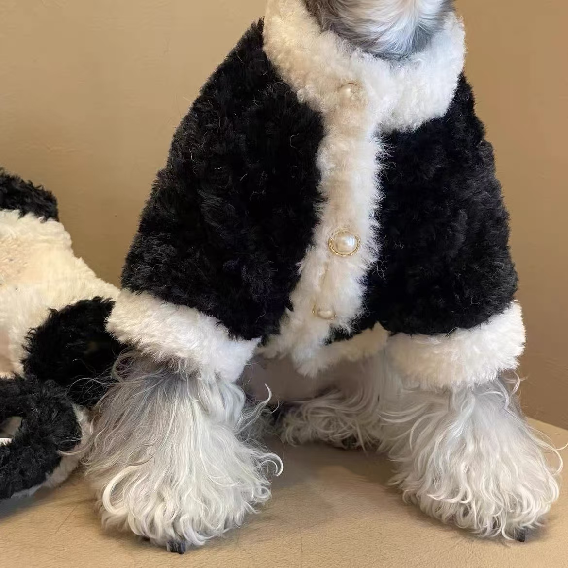 Designer Dog Plush Winter Coat - Luxurious Black & White Pet Outfit for Cold Weather