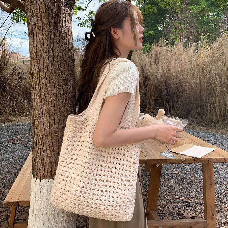 Vintage Hollowed Out Knitted Hand Woven Women's Woolen Tote Bag, Handbag, Shopping Bag B1