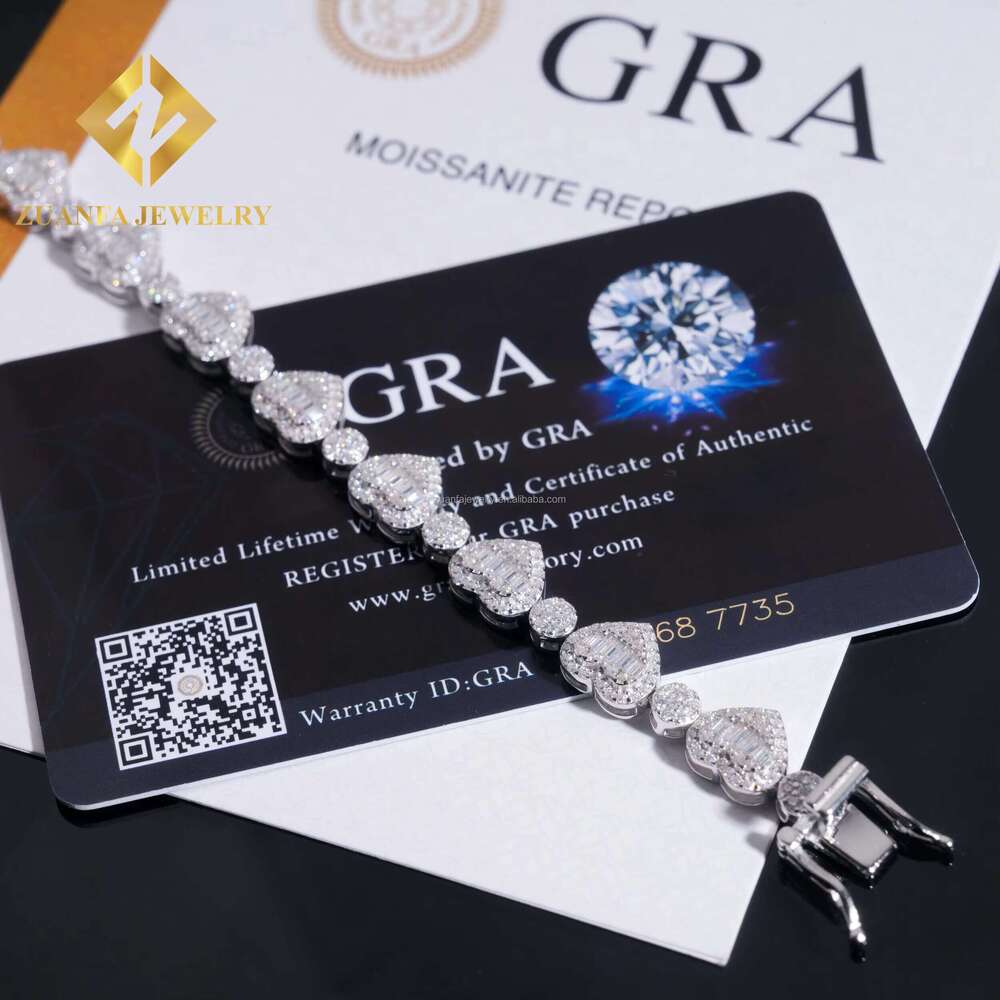 Fine Jewelry Woman Trendy Sier Rhodium Plated Iced Out Heart Shape Moissanite Tennis Bracelet