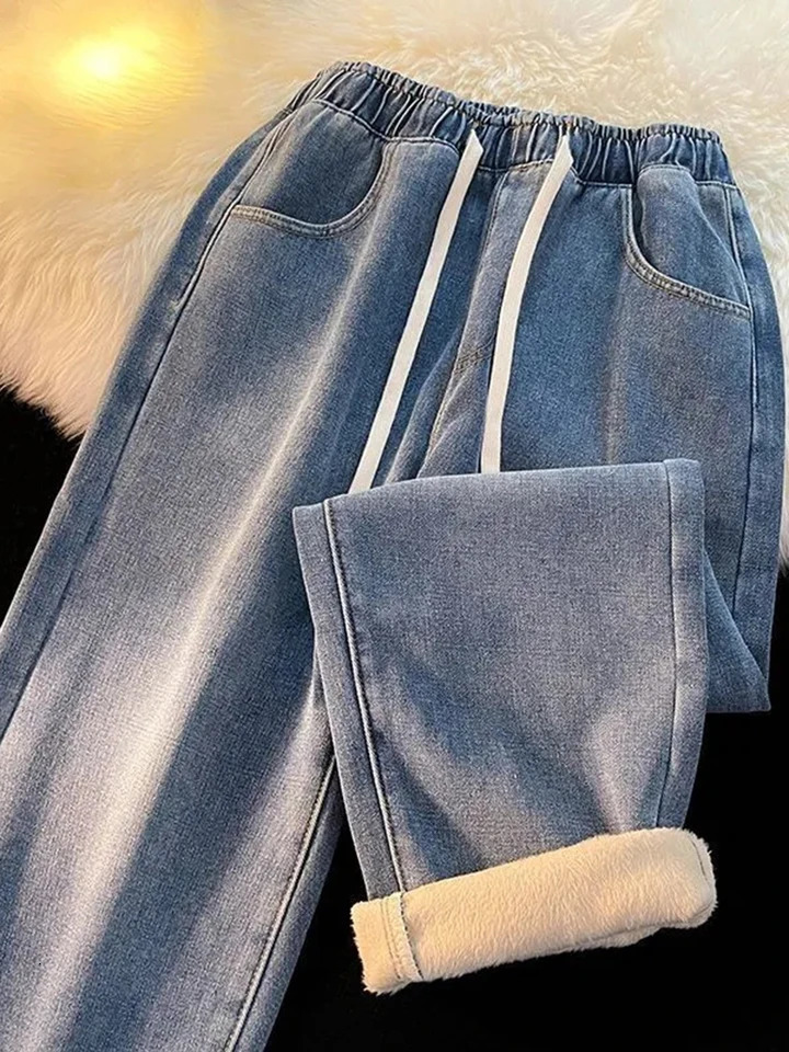 Thicken Warm Velvet Lined Wide Leg Jean Fashion High Waist Washing Vaqueros Fall Winter Classic Snow Wear Women Denim Pants 241121