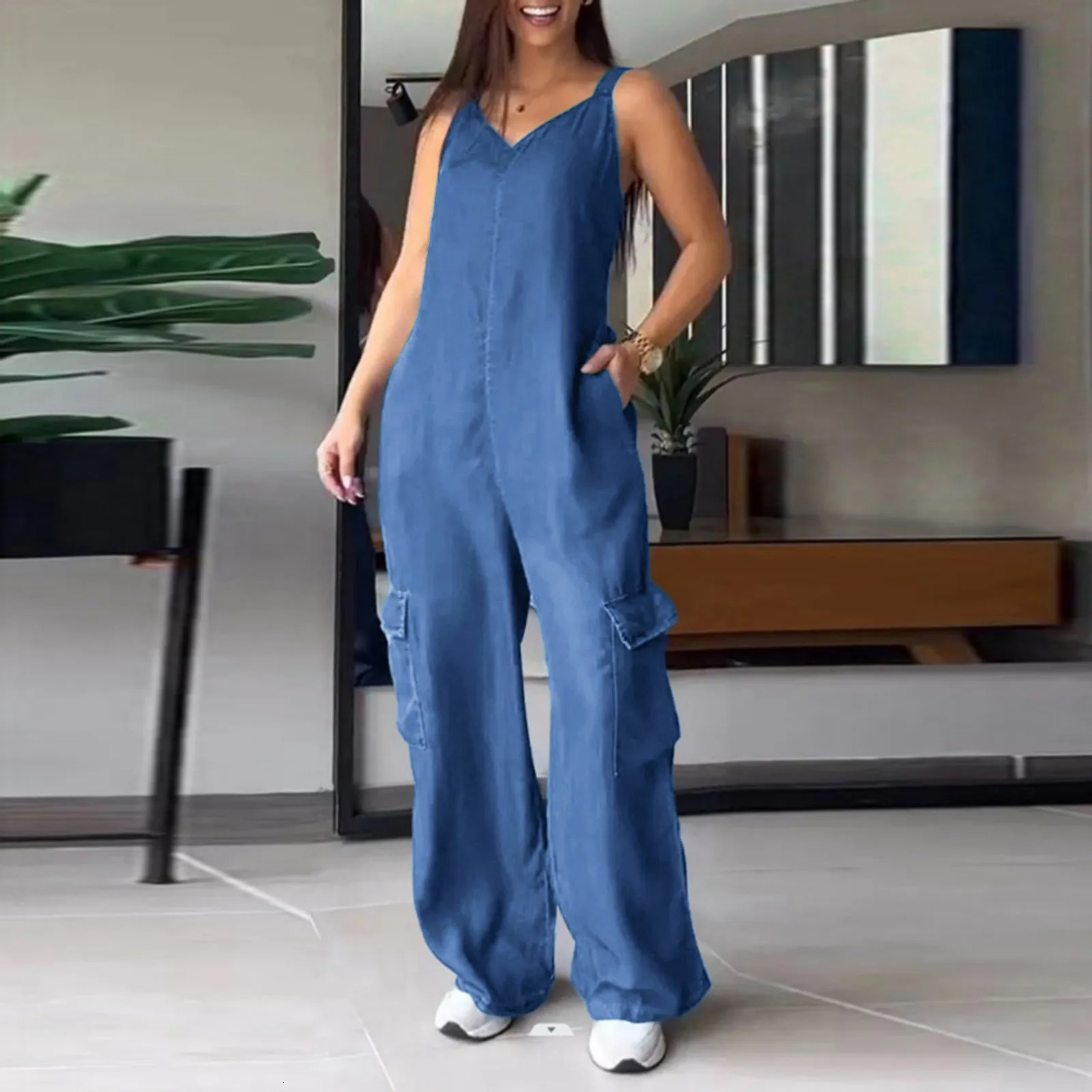 Women Casual Wide Leg Jumpsuits Loose Fit Sleeveless Jumpsuit With Pockets Fashion Sports Activity Streetwear Overalls 241120