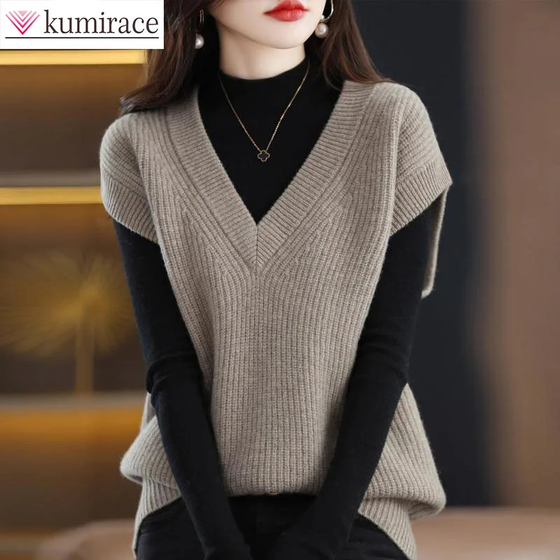 Knitted Jacket Sweater Womens Vest Sleeveless Coat Wool Blended VNeck Pullover Spring Autumn Fashion Top 241121