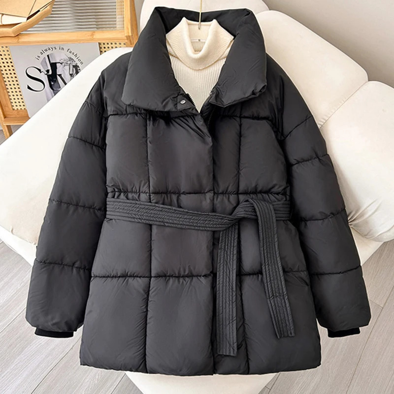 2024 With a Belt Jacket Women Winter Woman Parkas Solid Thicken Warm Female Snow Wear Coat Cotton Padded Outwear Clothes 241120