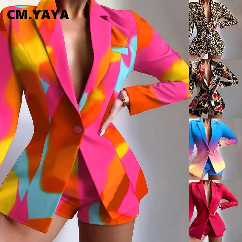 CM. YAYA Womens Elegant Jacket Top and Shorts Set Match Two Piece Set Office Women INS Leopard Chian Tie Dye Set 241130