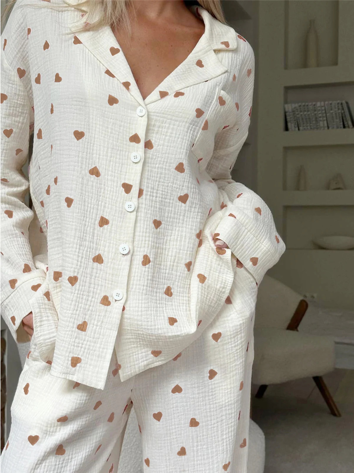 Love Print Womens Cotton Pajama Single Chest Pocket Womens Pajama Collar Long Sleeve Womens Clothing D323 241130