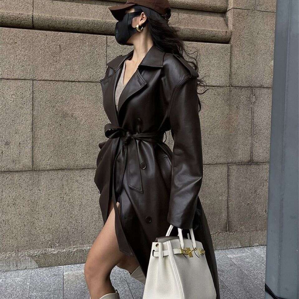 Black brown retro mid knee length PU jacket high-end feel women's spring autumn season, new loose leather windbreaker for 2024, with a unique and