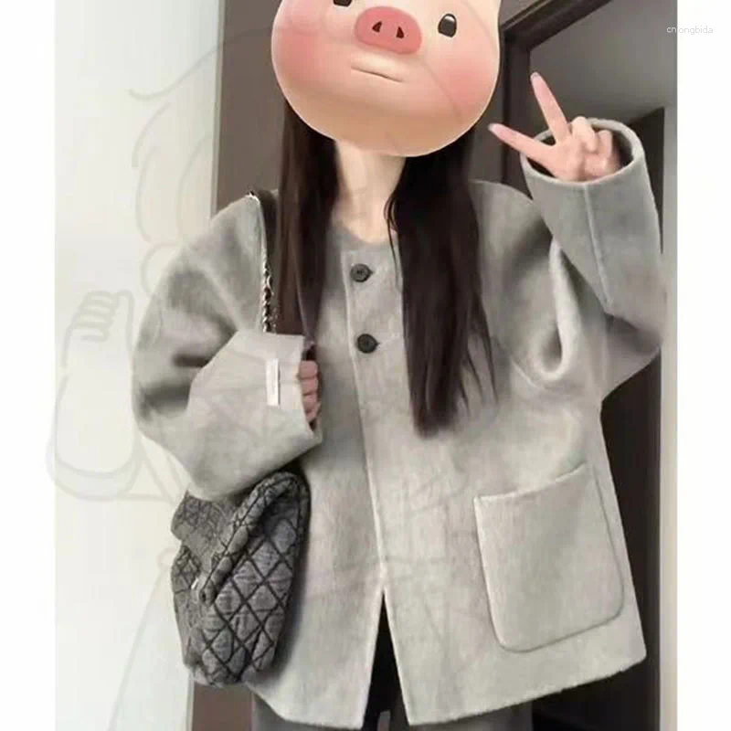 Womens Jackets Hdspq Grey Single Breasted Outerwear Women Autumn Winter Warm Loose Jacket Woman Long Sleeve All-Match Big Pocket Clothing