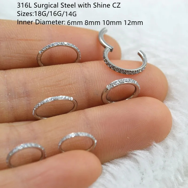10pcs/Lot 316L Steel 18G 16G 14G Nose Seamless Hinged Segment Septum Clicker Ring Ear Cartilage Rook Helix Hoop Ring CZ 241120