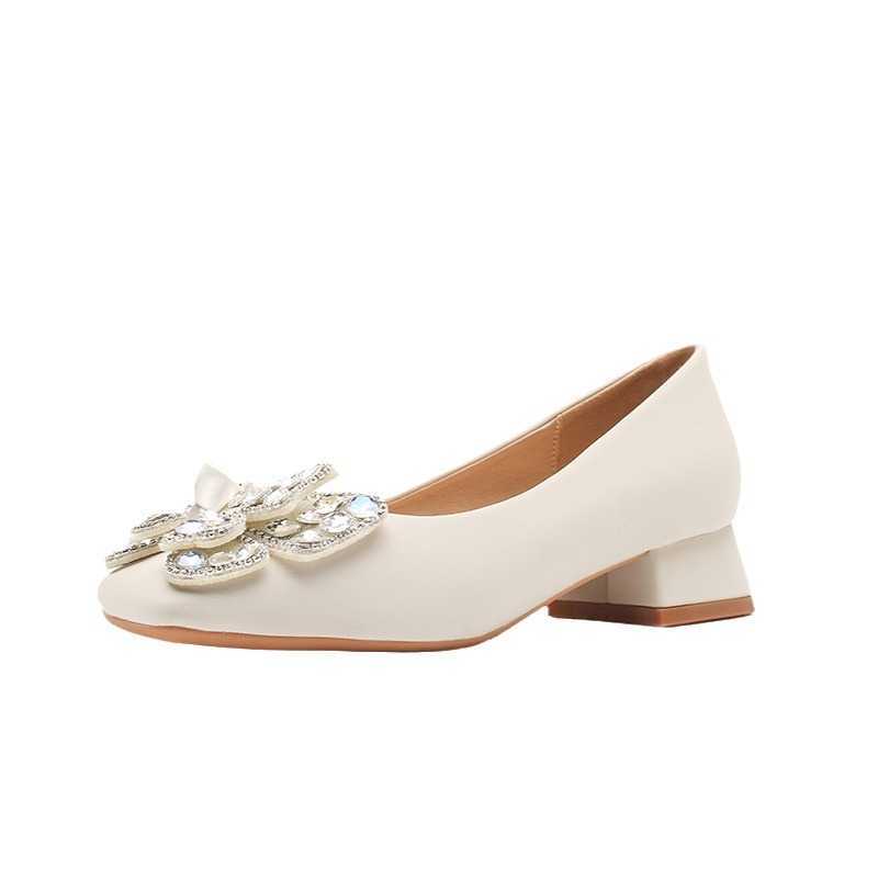 Fairy Bow Water Diamond Premium Comfortable and Versatile Square Head Thick Heel Womens Single Shoe
