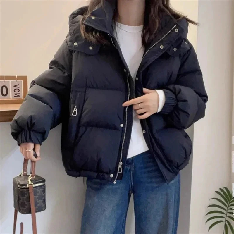 Women Korean Cotton Parkas Hooded Winter Oversize Coat Thick Warm Loose Puffer Jacket Female Solid Fashion Zipper Outwear 241120