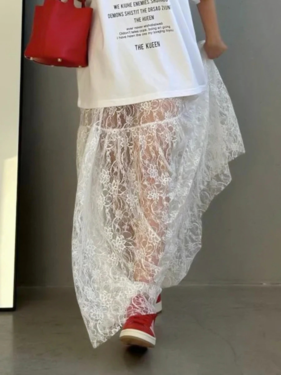Lace Jacquard Transperant Skirt Women Summer High Waist Sensual Casual Long Skirts 2024 Streetwear Fashion White Maxi Skirt 241202
