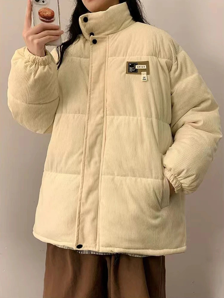 Retro Corduroy Parkas for Women Y2K Winter Streetwear Oversized Thick Warm Puffer Coats Bf Korean Loose Pockets Cotton Outerwear 241120