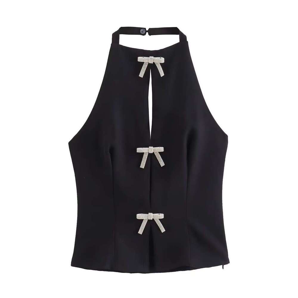 summer bow decoration hanging neck collar slim fit backless vest top for women B88687 2024 new casual versatile fashion clothing