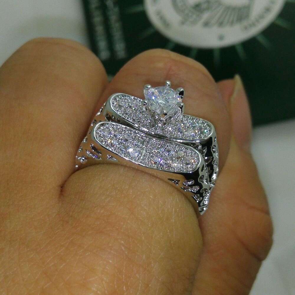 10kt Gold Filled White Topaz CZ Gemstone Bridal Wedding Ring Set (Size 6-10) dh5727163