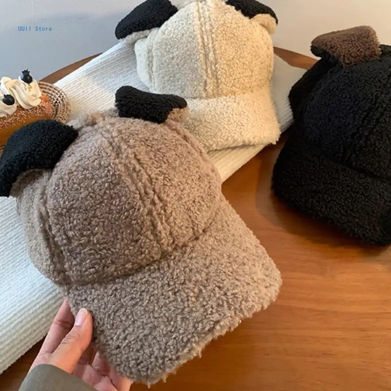 Korean baseball cap with rabbit ears thick cap winter windproof bucket cap 241202