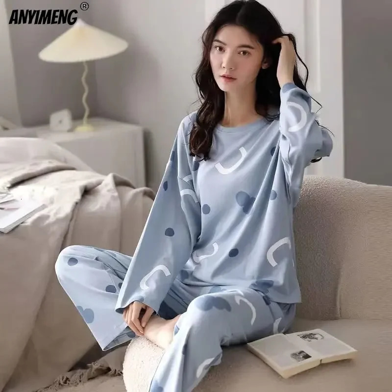 M-5XL Large Autumn Spring Pajama Set Kawaii Womens Printed Pajama Fashion Long Sleeve O-neck Womens Pajama 241130