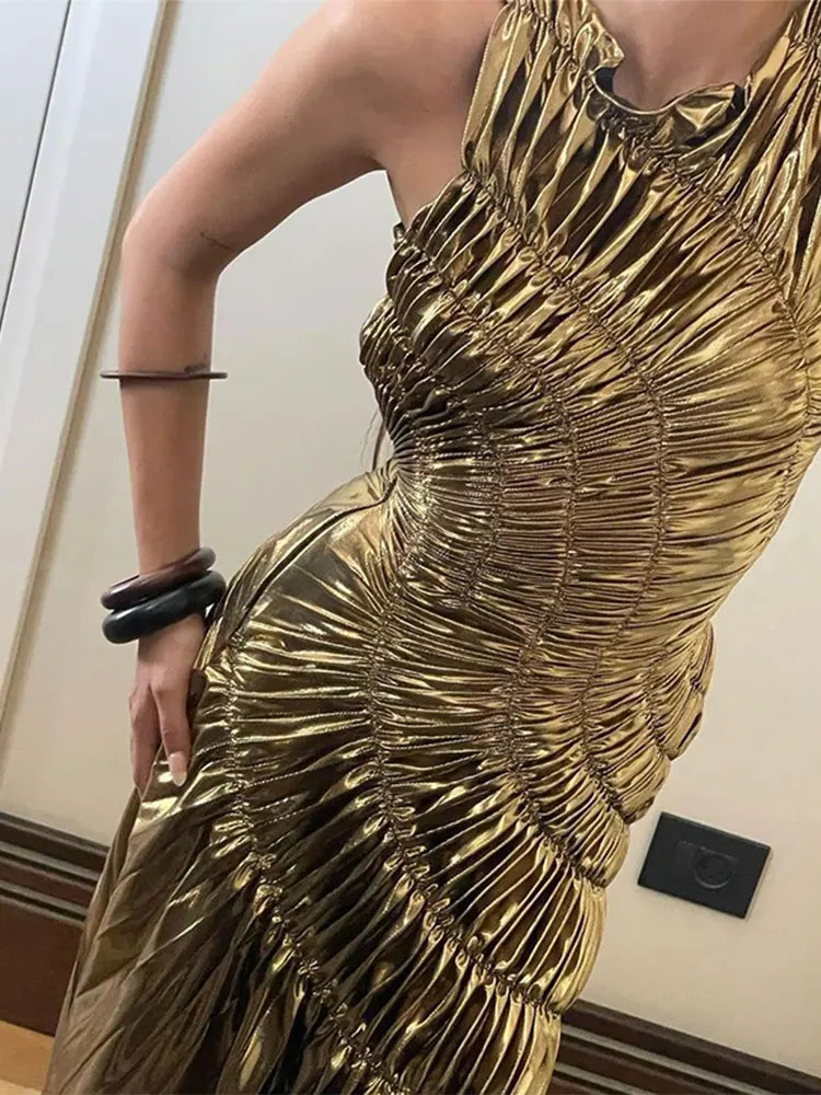 Golden pleated evening gown womens fashionable round neck sleeveless party dress 2024 womens formal ocn Vestidas 241202