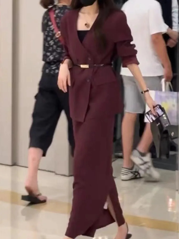 Korean Fashion Elegant Womens Jacket Casual Business Formal Set Midi Saya 2-piece Womens Set 241130