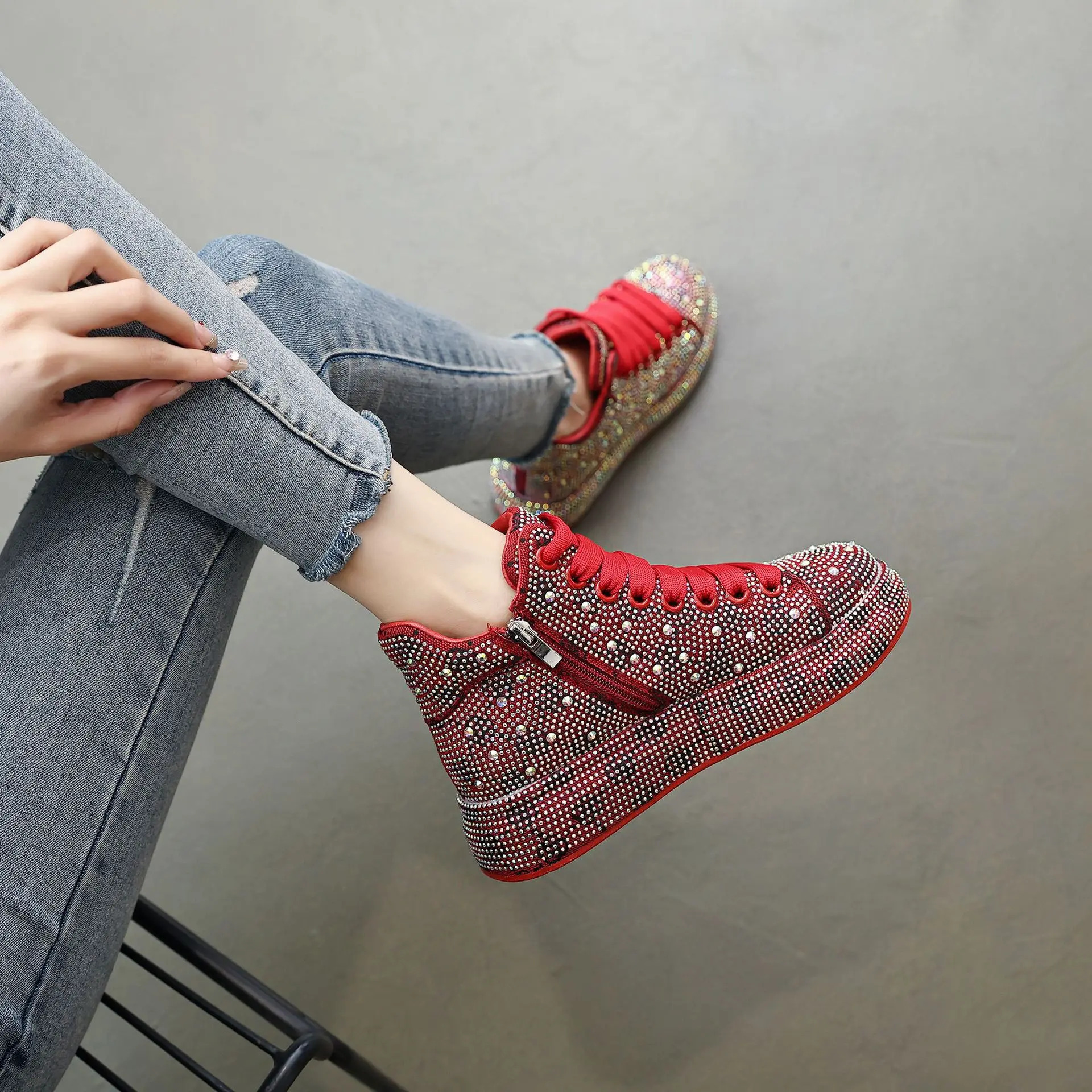 Quality Sneakers Skate Keep Warm Cotton Rhie Women High Top Board Shoe Shiny Women's Casual Shoes