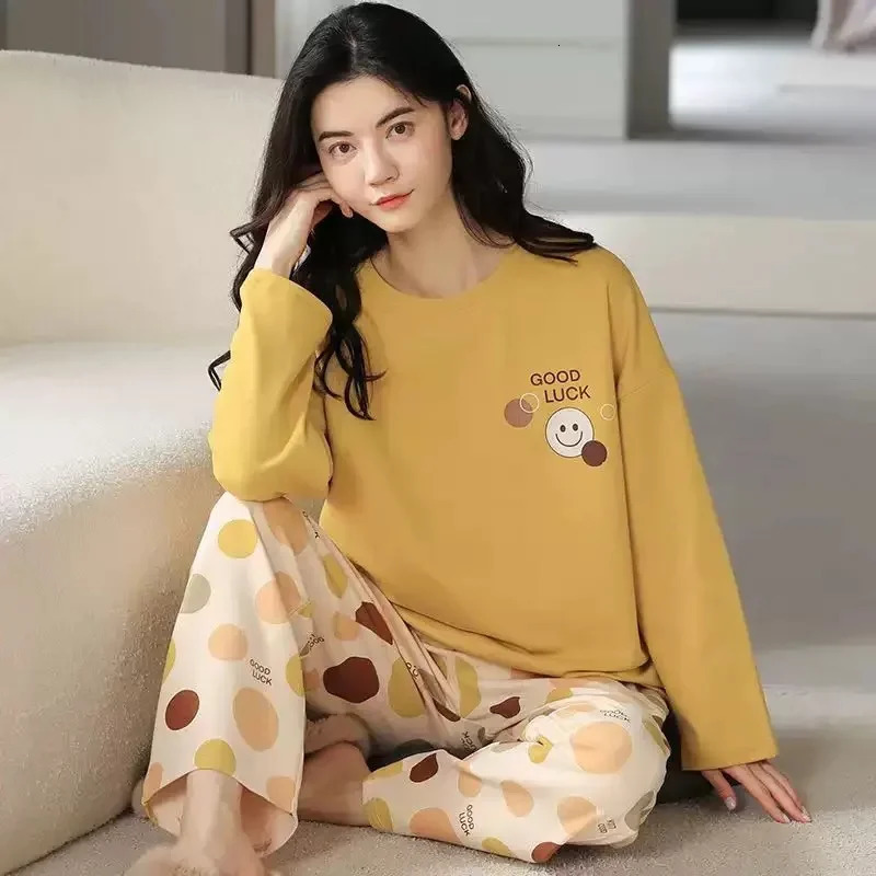 M-5XL Large Autumn Spring Pajama Set Kawaii Womens Printed Pajama Fashion Long Sleeve O-neck Womens Pajama 241130