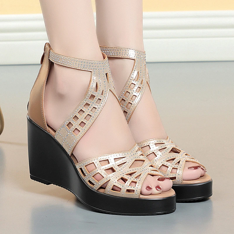 AIYUQI Women's Sandals Wedge Fashion Roman Sandals Women High Heel Rhinestone Fishmouth Women's Summer Sandals