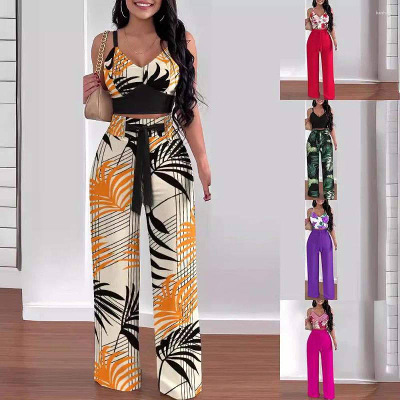 Womens Two Piece Pants 2 Clothes For Women Summer Sexy Sleeveless Polyester Print Top Pant Matching Sets Outfits C