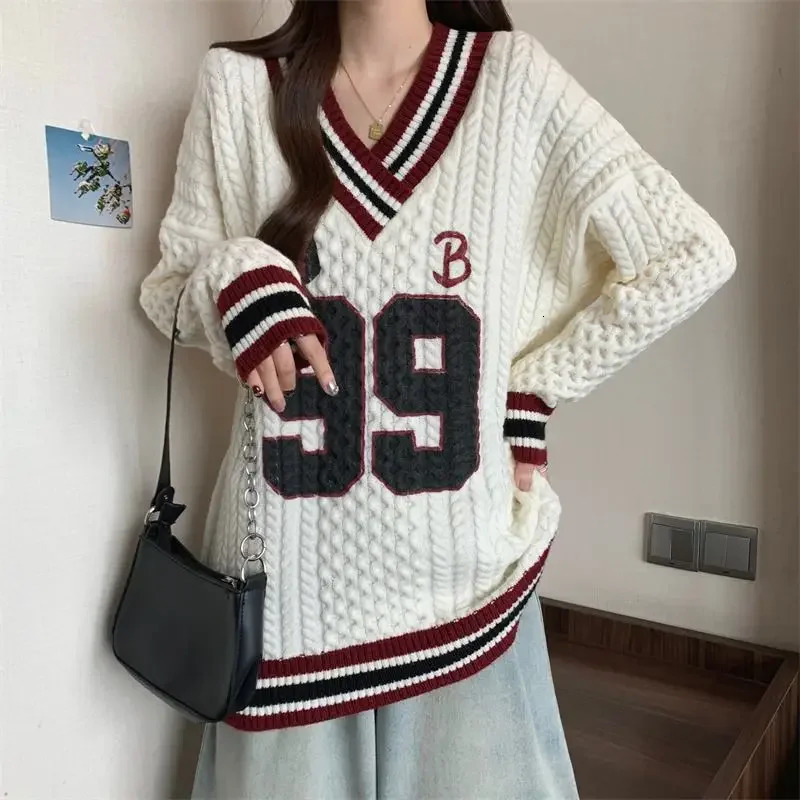 Womens Preparatory Letter Printed Sweater 2024 Autumn Loose Knitted Top Casual Weight Loss Aesthetics Attracting American Style Trends 241202
