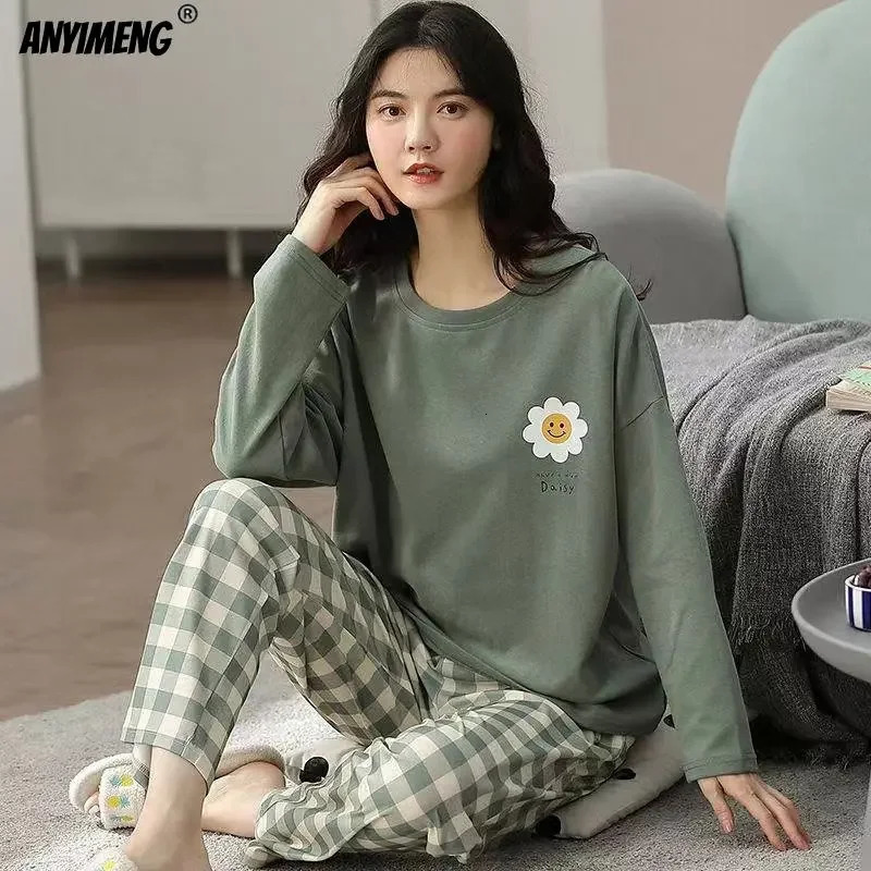 M-5XL Large Autumn Spring Pajama Set Kawaii Womens Printed Pajama Fashion Long Sleeve O-neck Womens Pajama 241130