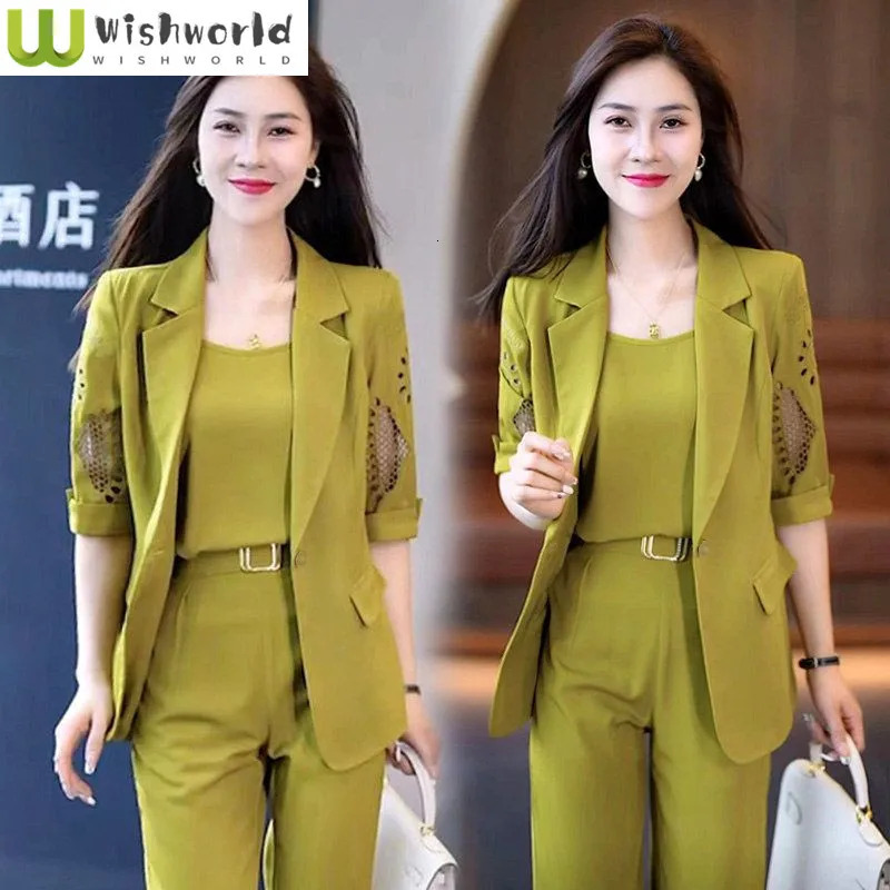 autumn vintage hollow short sleeved jacket with vest casual pants three piece elegant womens pants office set 241130