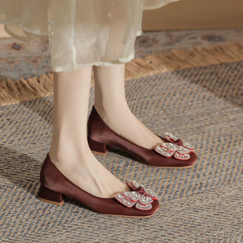 Fairy Bow Water Diamond Premium Comfortable and Versatile Square Head Thick Heel Womens Single Shoe