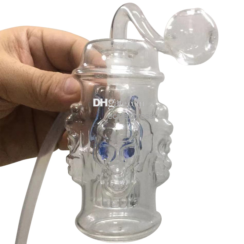 Skull Oil Burner Bubbler Pipe Mini Bong Percolator Water Pipes Glass Hookah Bubbler Recycle Portable Hand Smoking With Bowl Slide and Soft Silicone Mouthpiece