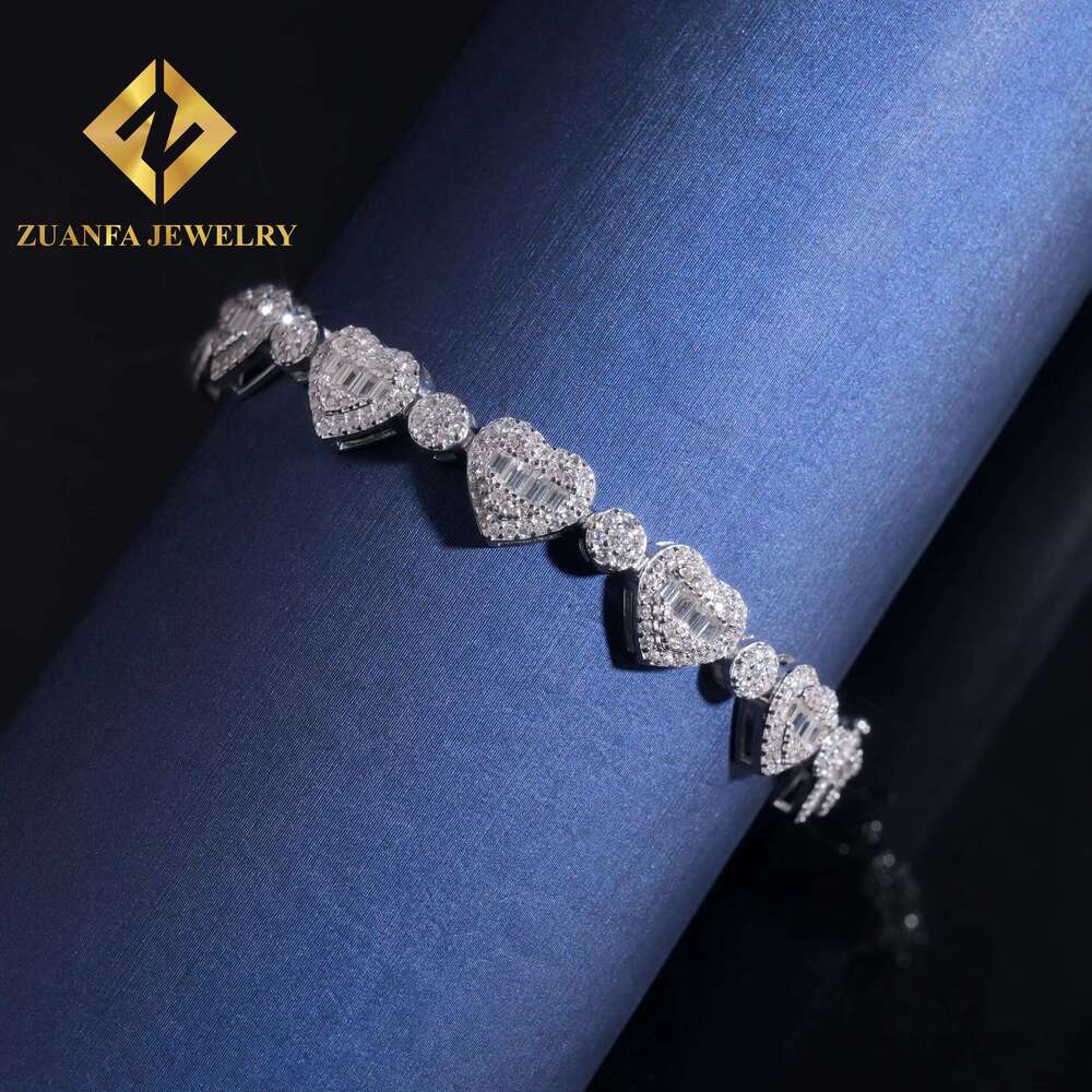 Fine Jewelry Woman Trendy Sier Rhodium Plated Iced Out Heart Shape Moissanite Tennis Bracelet