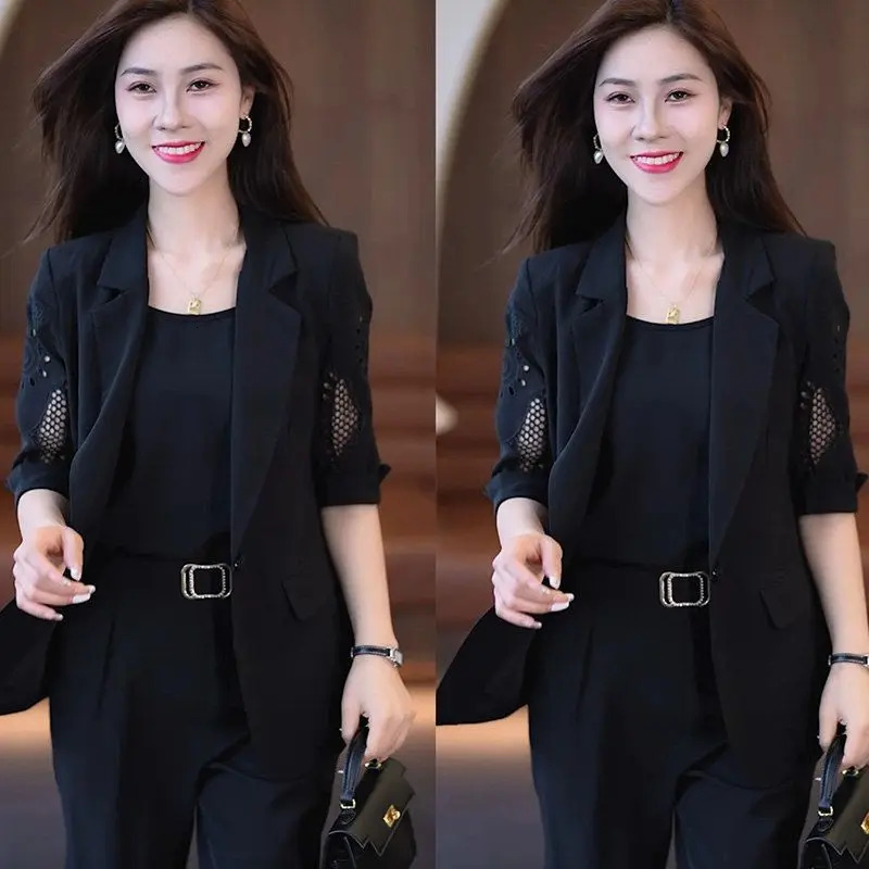 autumn vintage hollow short sleeved jacket with vest casual pants three piece elegant womens pants office set 241130