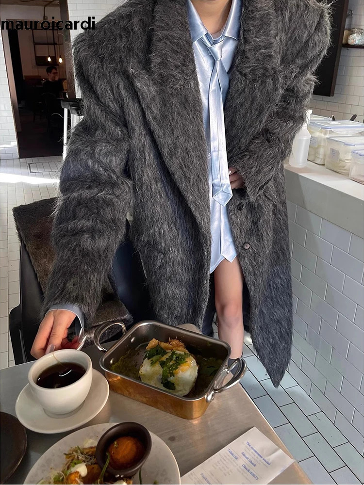 Mauroicardi Autumn Winter Oversized Long Warm Thick Gray Wool Blends Coat Women Loose Casual Fluffy Korean Fashion 2024 241121