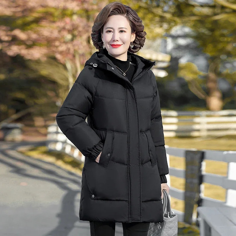 Winter Cotton padded Jacket Hooded solid color fleece thick Parkas Warm Loose Long Overcoat middle aged and Grandma Snow Coat 241120